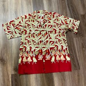 ESPRIT Hawaiian Shirt L Red Hula Border Print Vintage Deadstock Aloha